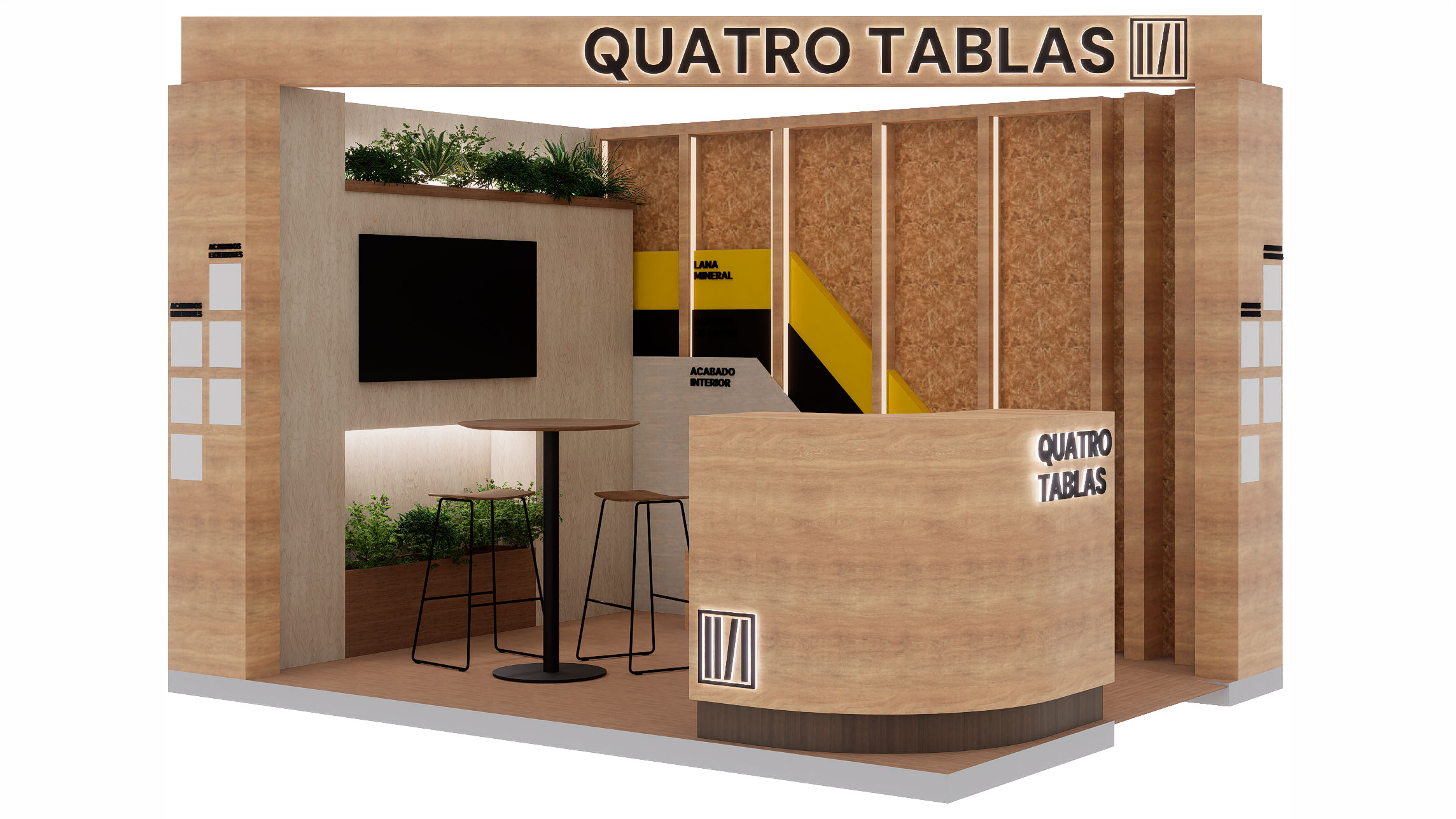 Vista en planta del stand de madera de QuatroTablas para la feria REBUILD