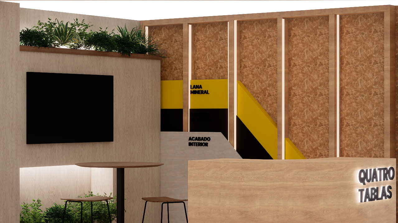 Detalle de las capas constructivas en el stand de entramado ligero